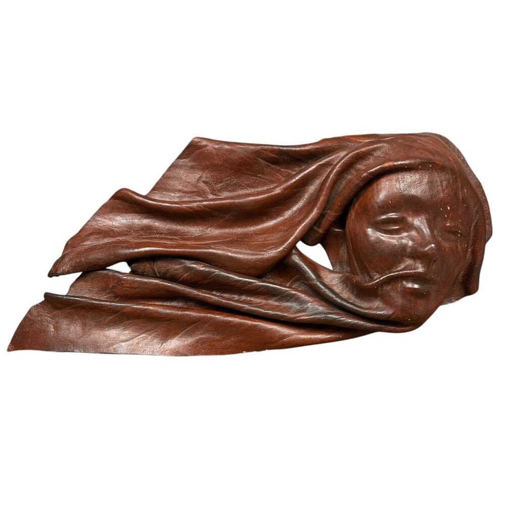 Vintage Molded Leather Sculpture Woman's Face Unique Brown Boho Wall Art Hanging